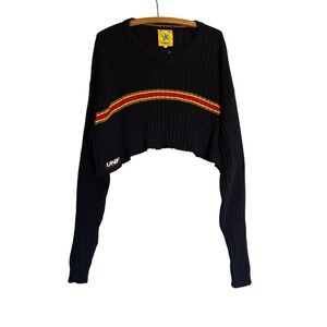 UNIF M Ribbed Cropped Sweater Navy Blue Stripe Long Sleeve Streetwear Punk